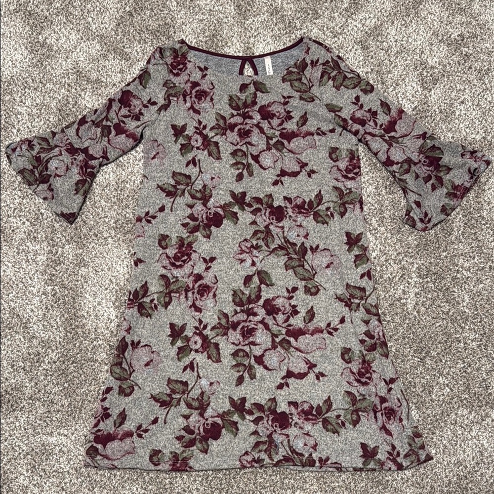 Floral Gray and Burgundy Dress